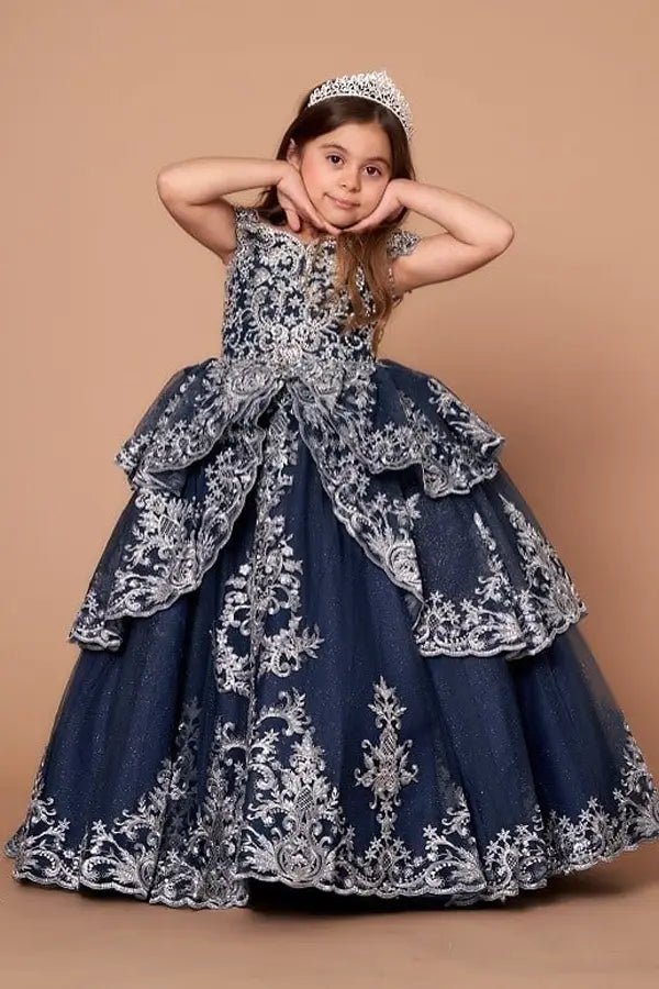 Front view of elegant navy and silver mini quince dress with embroidered layered bodice and voluminous full skirt.