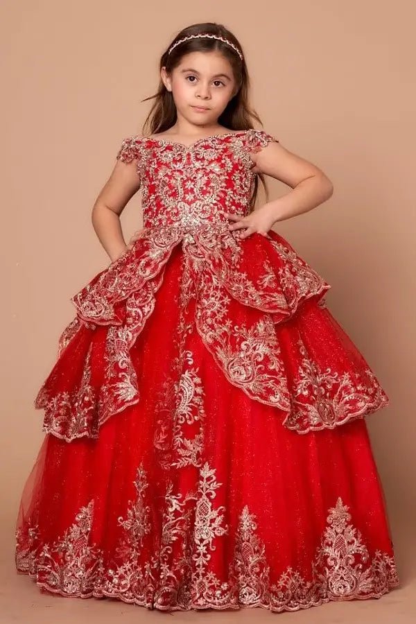 Front view of elegant red and gold mini quince dress with embroidered layered bodice and voluminous full skirt.