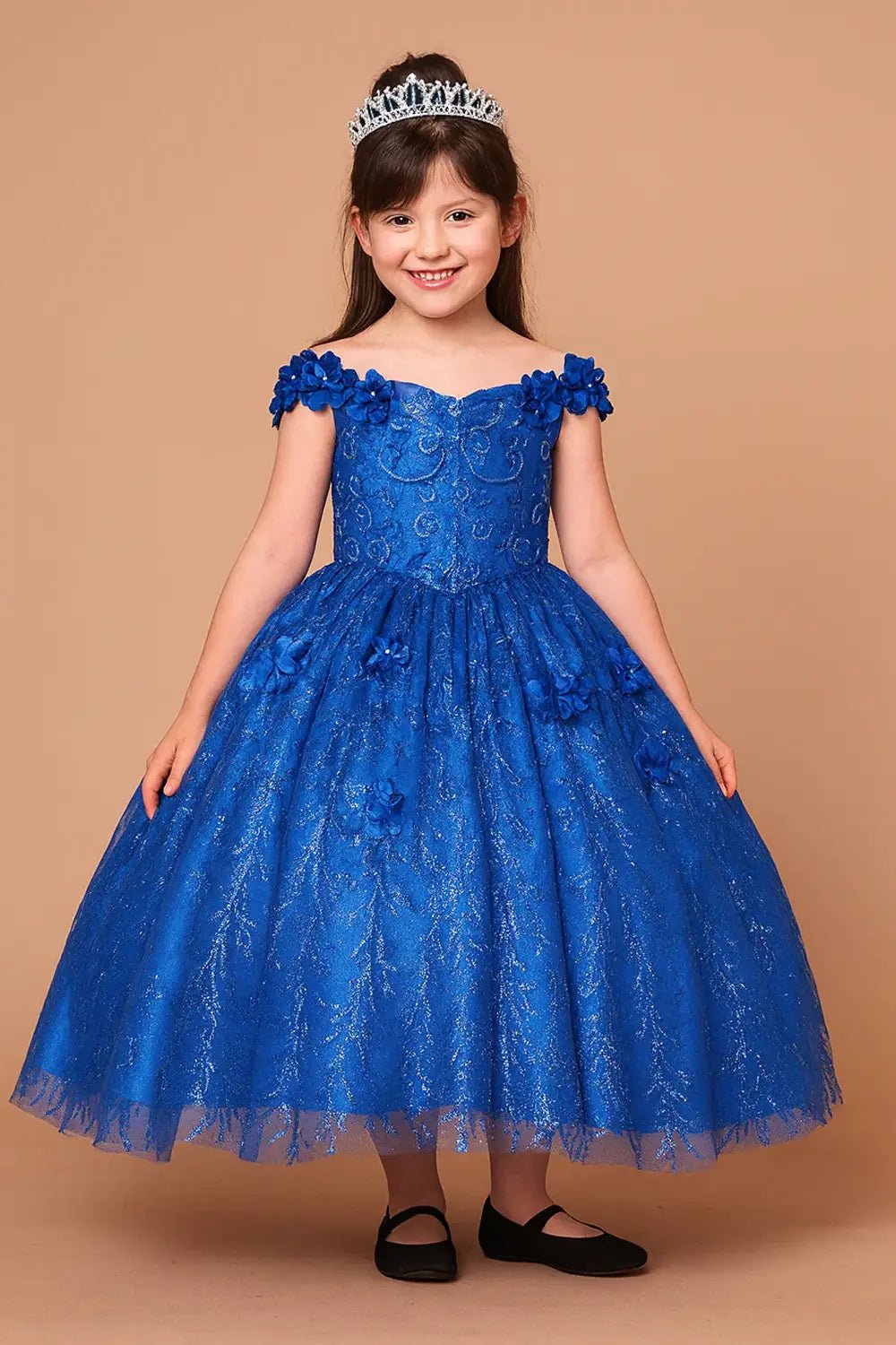 Front view of dazzling royal blue mini quince dress with 3D flower appliqué bodice, glitter accents, and voluminous full skirt.