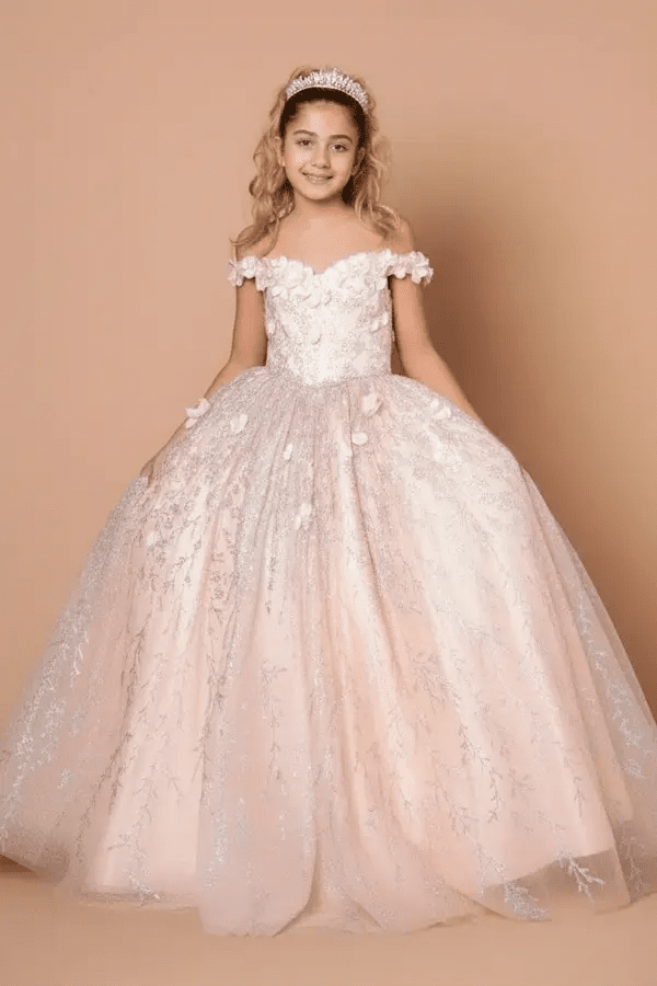 Front view of blush mini quince dress with 3D floral appliqué bodice, glitter accents, and voluminous full-length skirt.