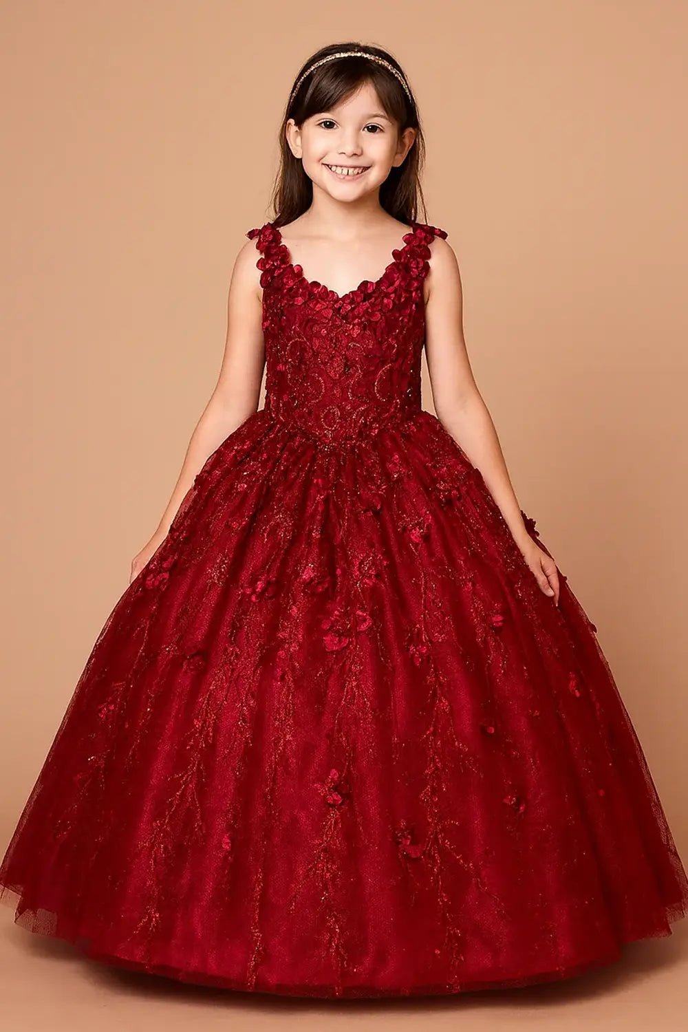 Front view of dazzling burgundy mini quince dress with 3D floral appliqué bodice, glitter accents, and voluminous full skirt.