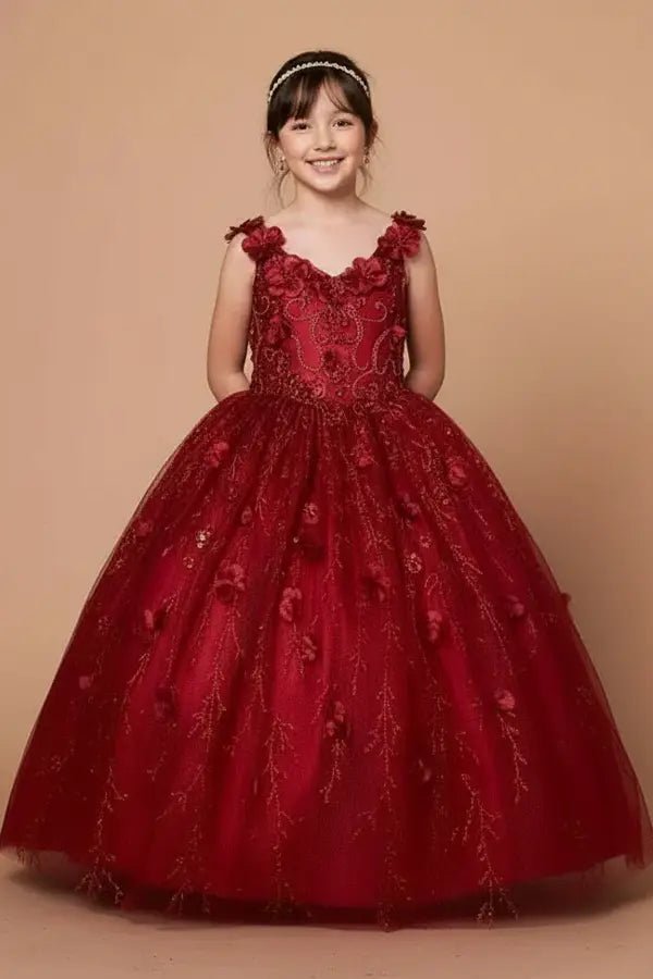 Front-facing view of burgundy mini quince dress with 3D floral appliqué bodice, glitter detailing, and sweetheart neckline.