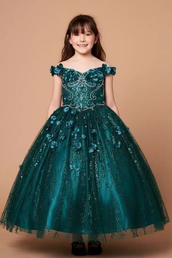 Front view of dazzling emerald green mini quince dress with 3D floral appliqué bodice, glitter tulle accents, and voluminous full skirt.