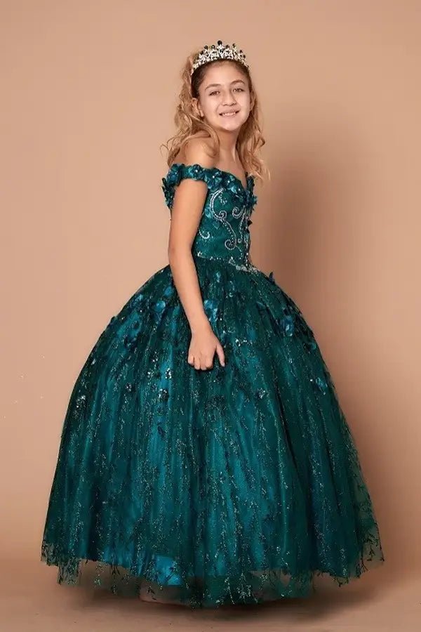 Side view of emerald green mini quince dress with dimensional 3D floral detail, shimmering glitter tulle highlights, and flowing layered skirt.