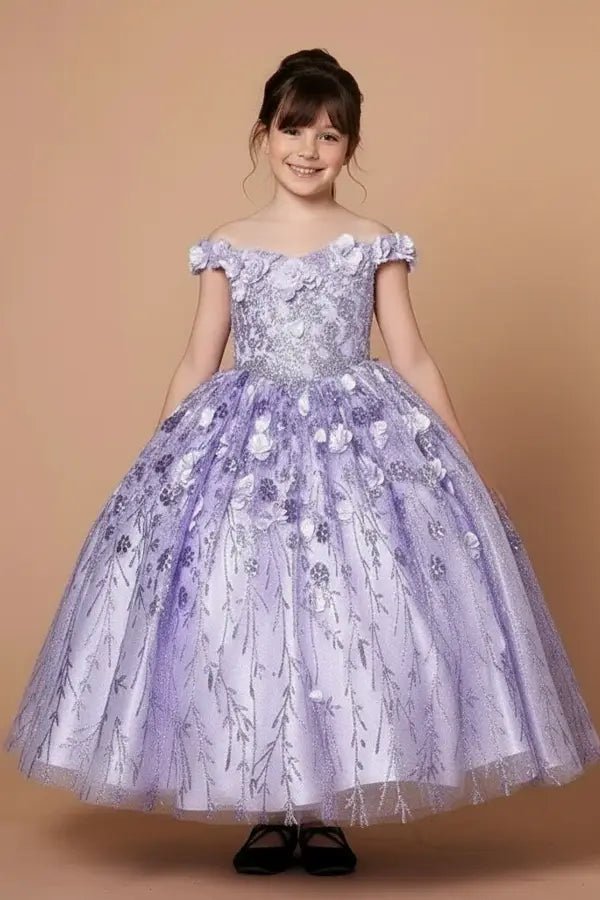 Front view of dazzling lilac mini quince dress with 3D floral appliqué bodice, glitter accents, and layered tulle full skirt.