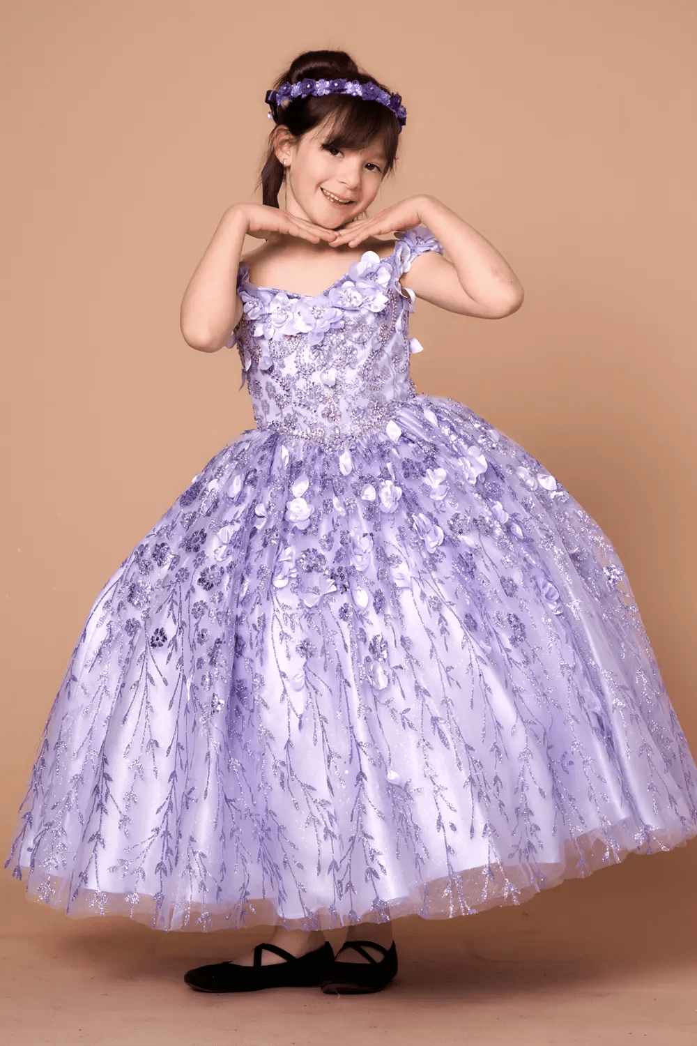 front-facing view of lilac mini quince dress with 3D floral appliqué bodice, glitter detailing, and sweetheart neckline.