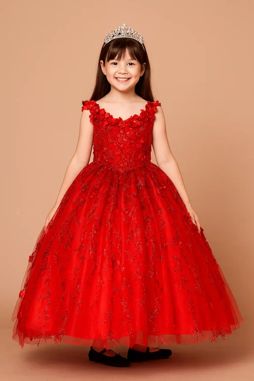 Front view of dazzling red mini quince dress with 3D floral appliqué bodice, glitter accents, and layered tulle full skirt.