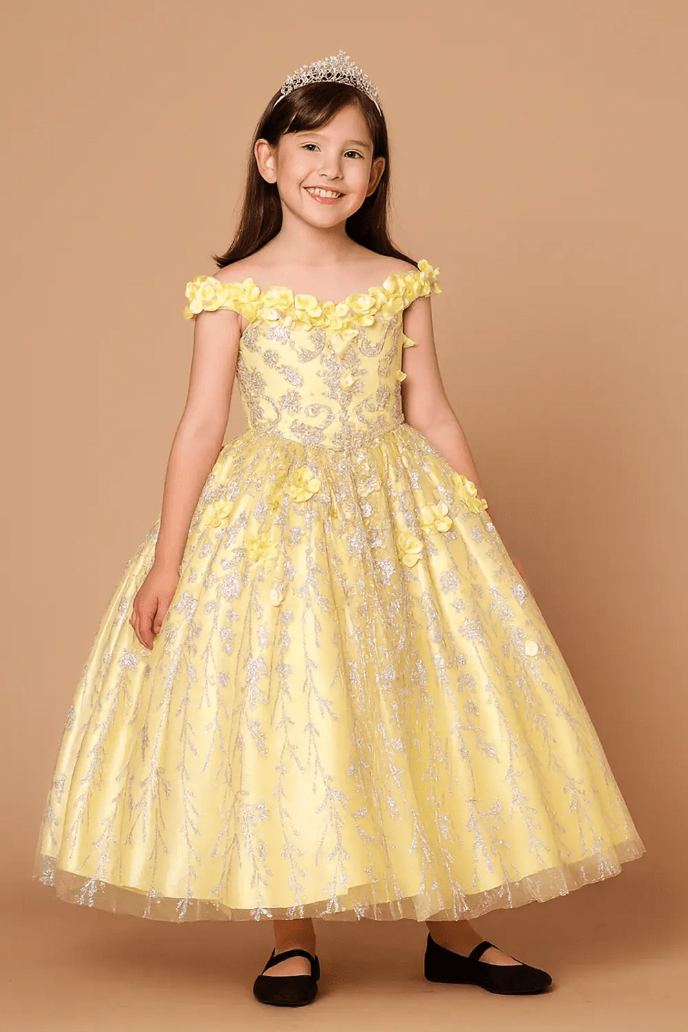 Front view of dazzling yellow mini quince dress with 3D floral appliqué bodice, glitter accents, and layered full skirt.