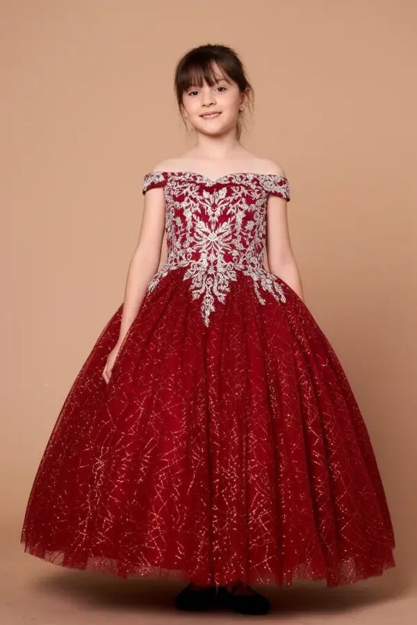 Front view of elegant burgundy mini quince dress with shiny tulle full skirt and off-shoulder neckline.