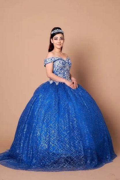 Front-Facing of a woman wearing Royal blue ball gown with sequin embellishments glitter tulle skirt and structured bodice