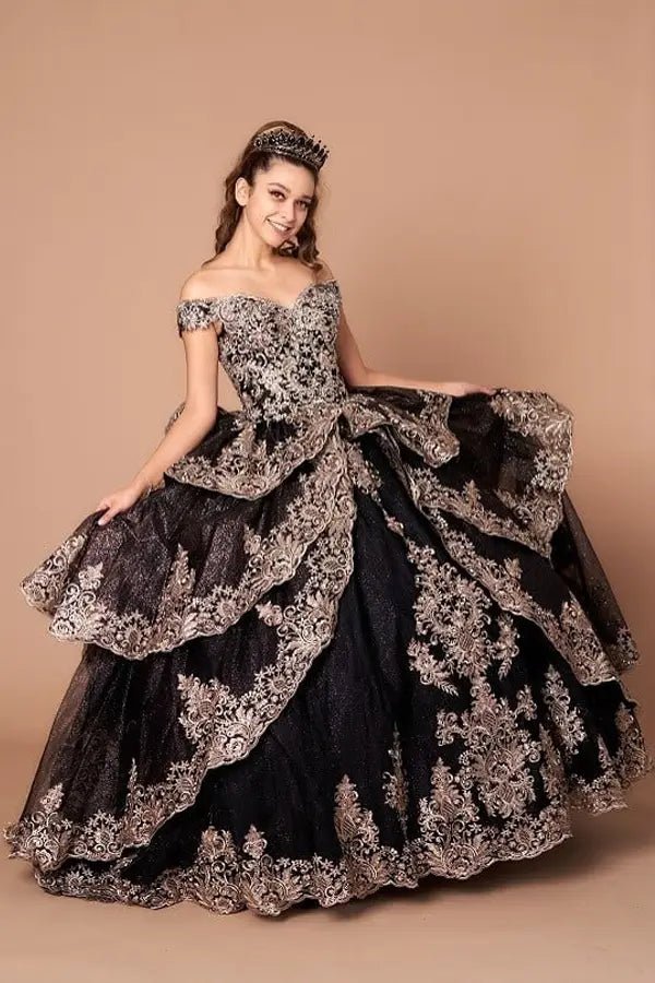 Front-Facing of a woman wearing Black and multicolor velvet charra ball gown with off-shoulder bodice floral embroidery and fully embroidered skirt with extended train