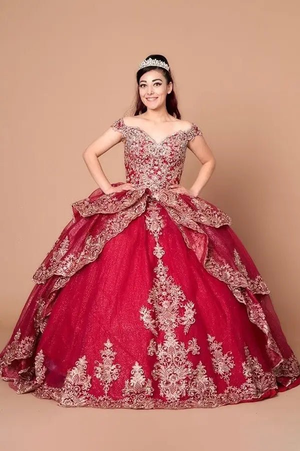 Front-Facing of a woman wearing Burgundy and gold quinceanera gown with off-shoulder sleeves detailed embroidery and layered skirt