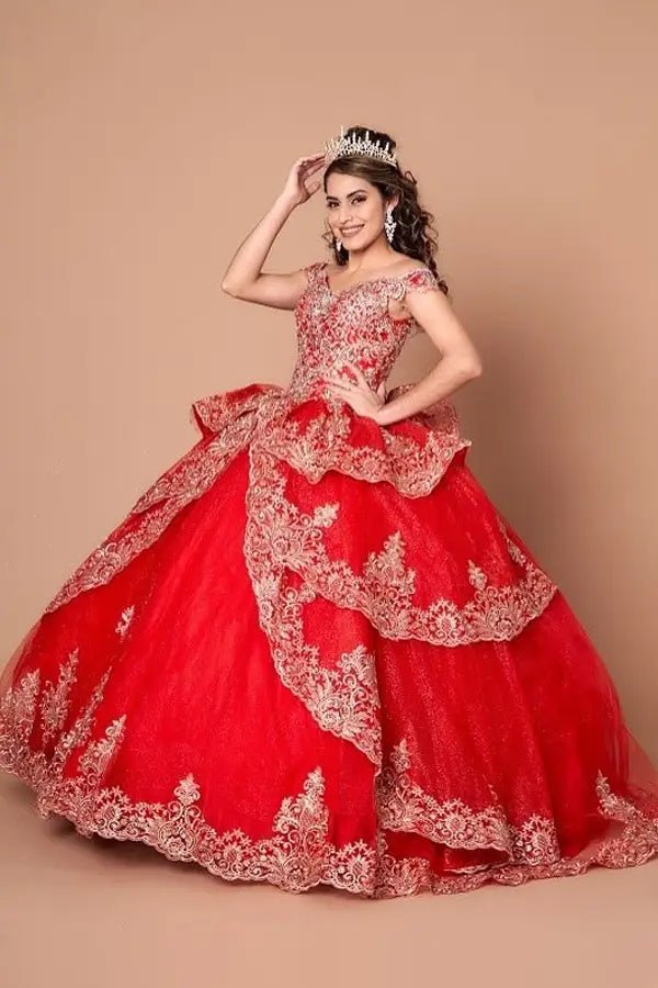 Front-Facing of a woman wearing Red and gold quinceanera gown with off-shoulder sleeves intricate embroidery and layered skirt