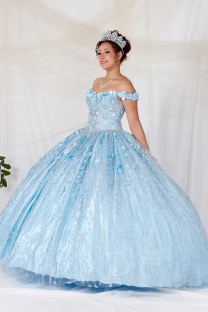 Front-Facing of a woman wearing Bahama blue ball gown with off-shoulder neckline delicate floral appliqués and full flowing skirt
