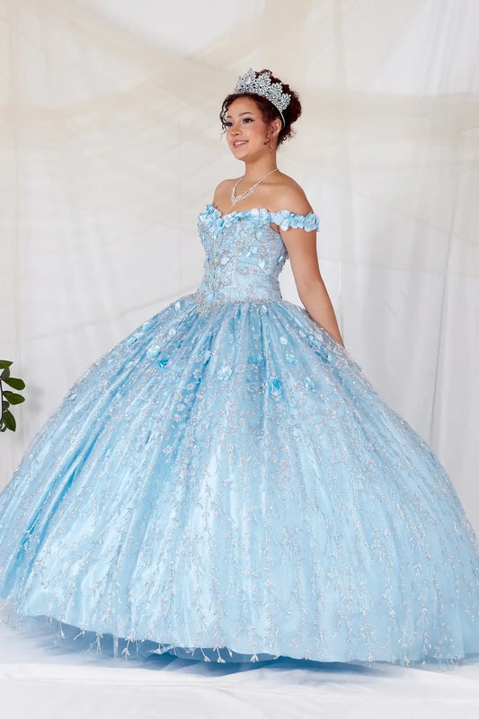 Front-Facing of a woman wearing Bahama blue ball gown with off-shoulder neckline delicate floral appliqués and full flowing skirt