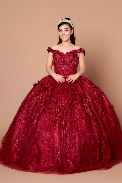 Front-Facing of a woman wearing Burgundy ball gown with off-shoulder neckline floral embellishments and full flowing skirt