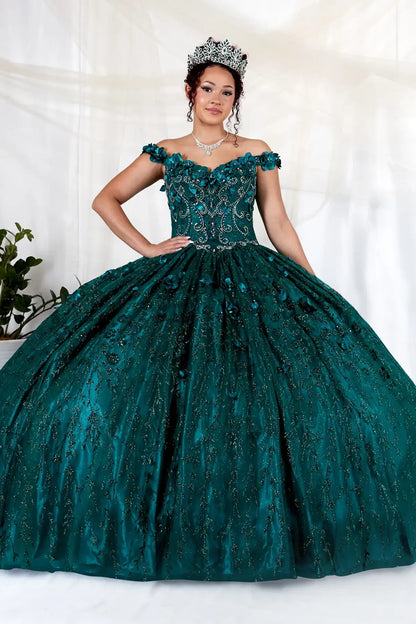 Front-Facing of a woman wearing Emerald green ball gown with off-shoulder neckline 3D floral appliqués and extended train for dramatic effect