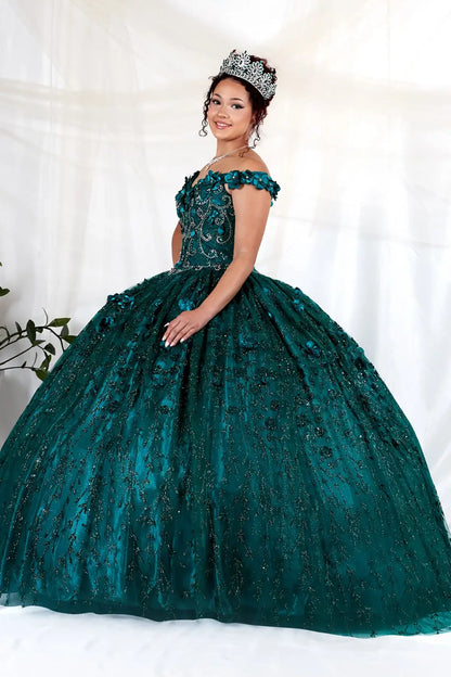 Side View of a woman wearing Rich green gown with dimensional floral accents off-shoulder styling and flowing silhouette