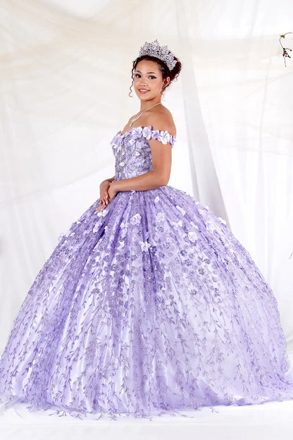Side View of a woman wearing Soft purple gown with floral accents off-shoulder styling and airy design