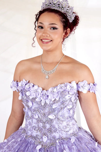 Front Close-Up of a woman wearing of lilac bodice highlighting floral appliqués off-shoulder neckline and structure