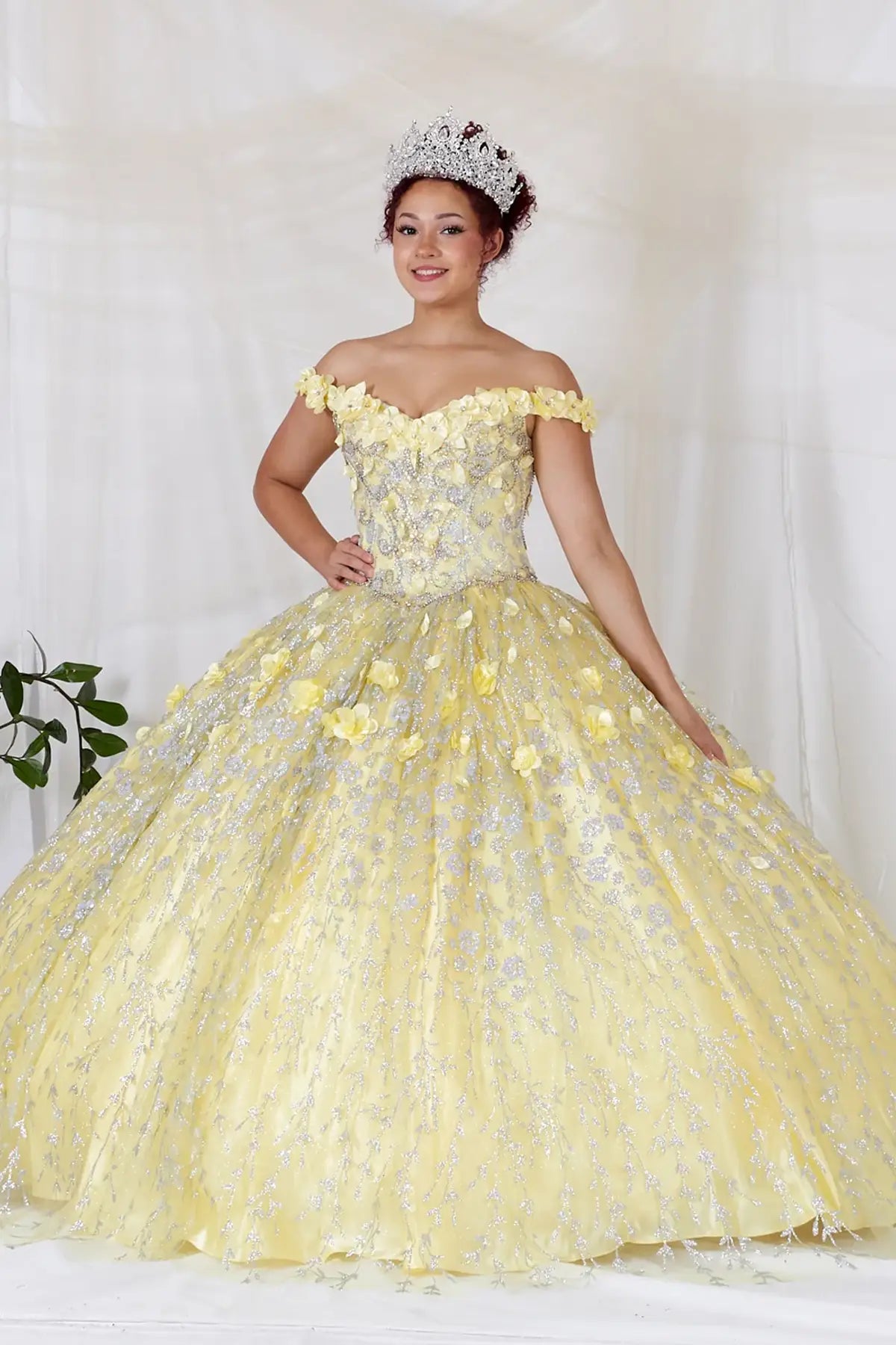 Front-Facing of a woman wearing Yellow ball gown with off-shoulder neckline delicate floral appliqués and full flowing skirt