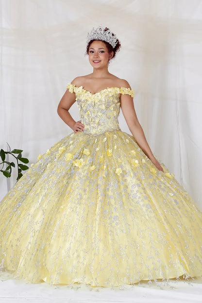 Front-Facing of a woman wearing Yellow ball gown with off-shoulder neckline delicate floral appliqués and full flowing skirt