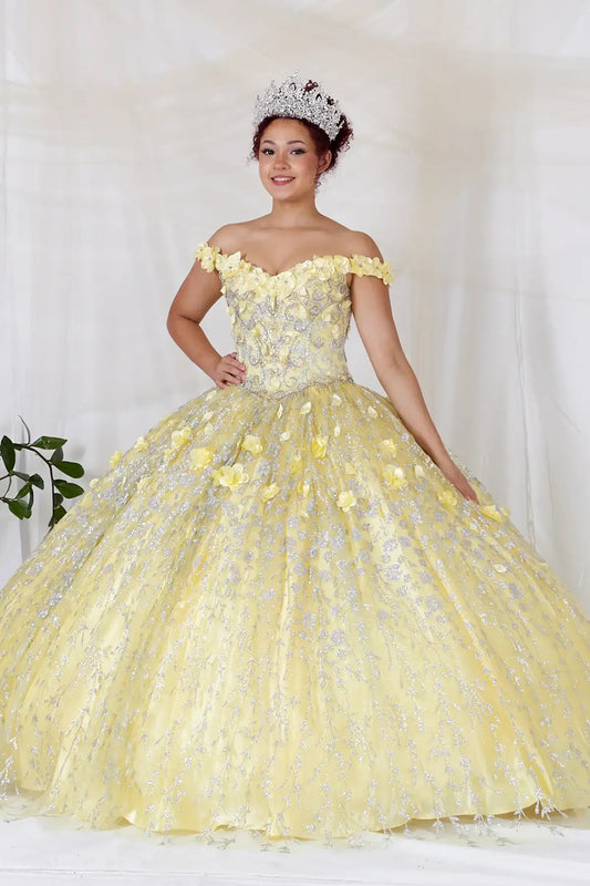 Front-Facing of a woman wearing Yellow ball gown with off-shoulder neckline delicate floral appliqués and full flowing skirt