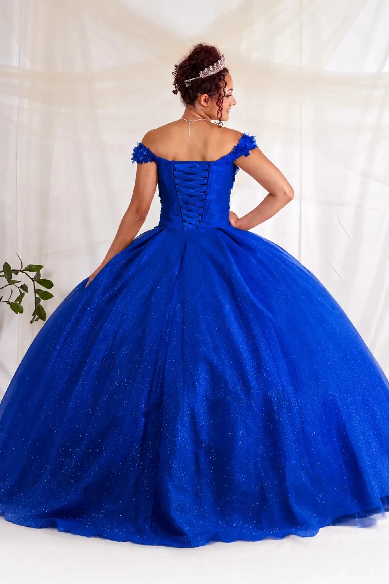 Woman in a blue quinceanera ball gown with lace up back design