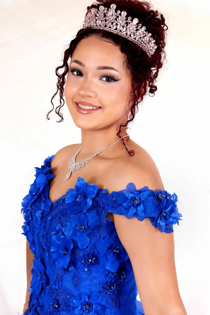 blue quinceanera ball gown with off the shoulder and 3d floral detailing 