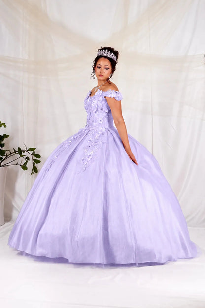 lilac quinceanera ball gown showing 3d floral details all over the top of the dress