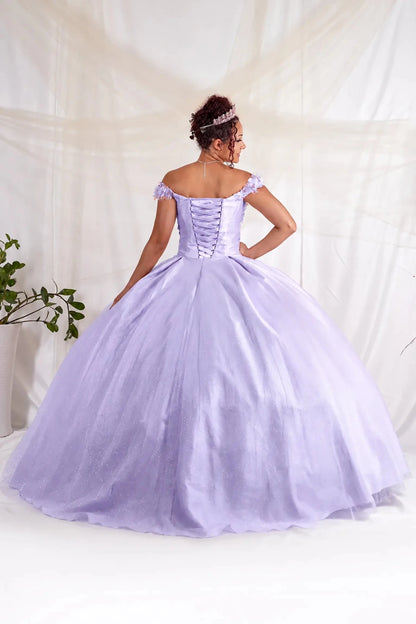 Woman in a lilac quinceanera dress with lace up back and off the shoulder