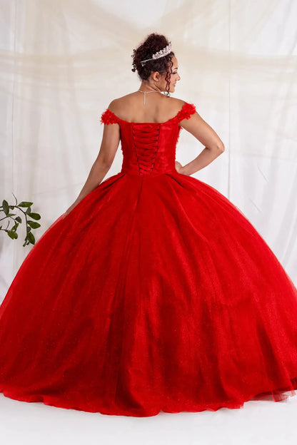 Red ball gown with off-shoulder design and lace up back
