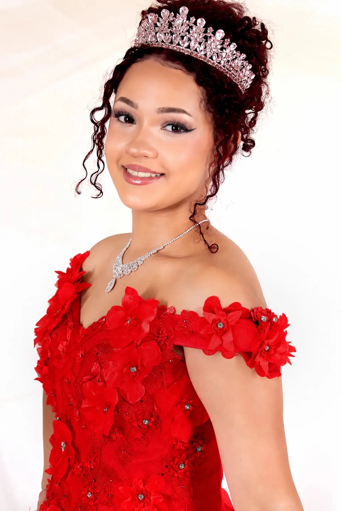 red quinceanera ball gown with off the shoulder and floral details 