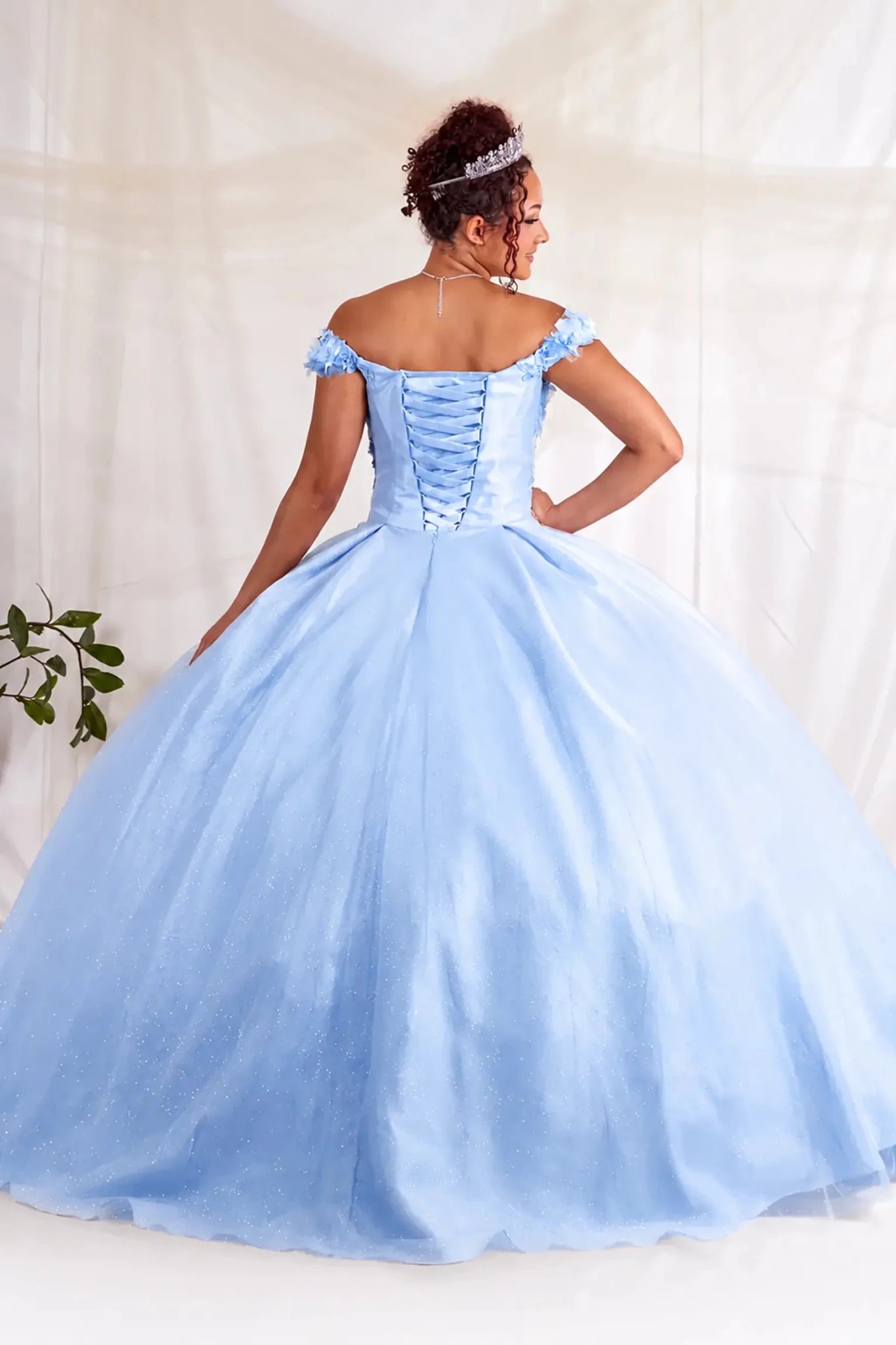 Bahama blue quinceanera ball gown with off-shoulder and lace up back