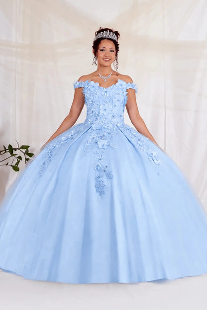 Bahama blue quinceanera ball gown with off-shoulder neckline, 3D floral appliqués