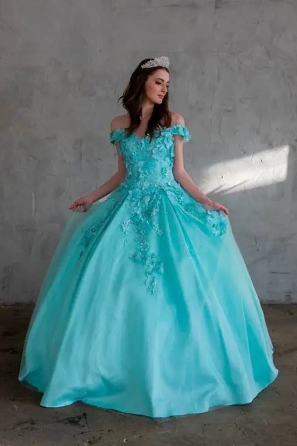 Front-Facing of a woman wearing Aqua mint ball gown with off-shoulder neckline intricate 3D floral appliqués and full flowing skirt