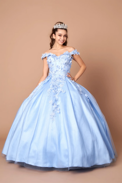 Front-Facing of a woman wearing Bahama blue ball gown with off-shoulder neckline intricate 3D floral appliqués and full flowing skirt