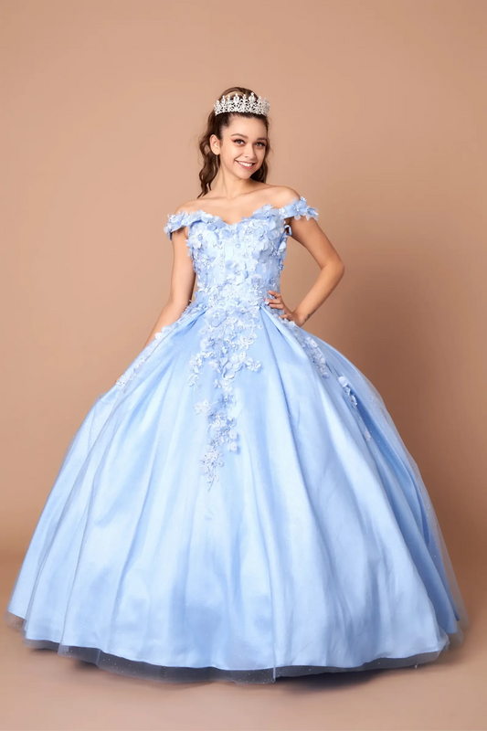 Front-Facing of a woman wearing Bahama blue ball gown with off-shoulder neckline intricate 3D floral appliqués and full flowing skirt