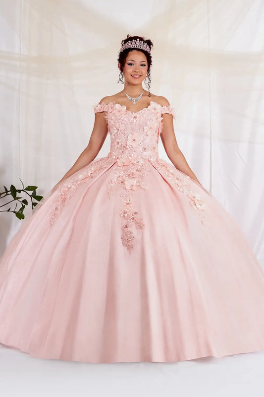Front-Facing of a woman wearing Blush ball gown with off-shoulder neckline intricate 3D floral appliqués and voluminous skirt
