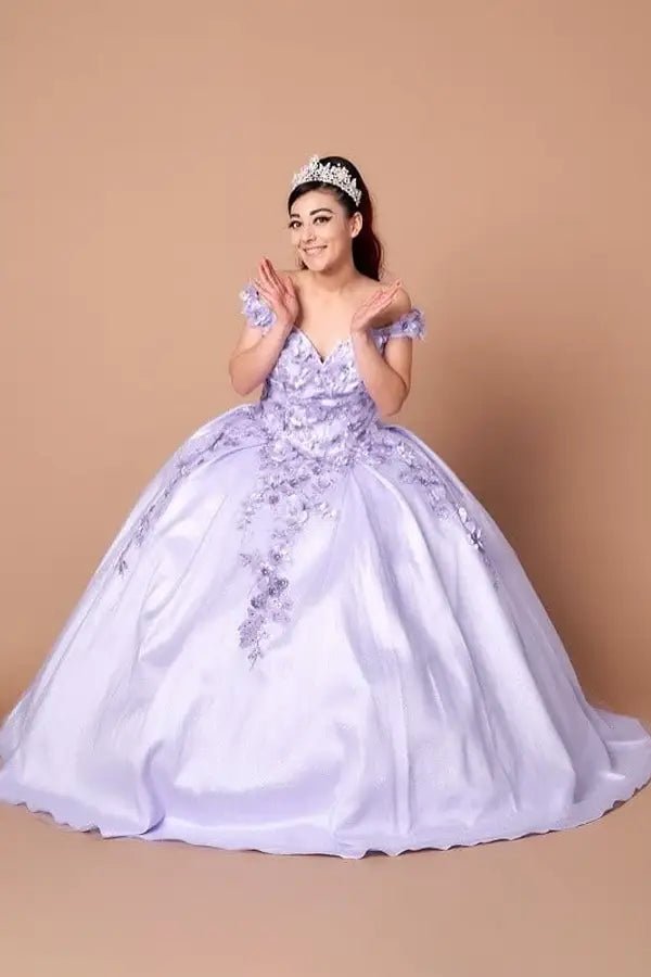 Front-Facing of a woman wearing Lilac ball gown with off-shoulder neckline detailed 3D floral appliqués and voluminous skirt for a princess-inspired look