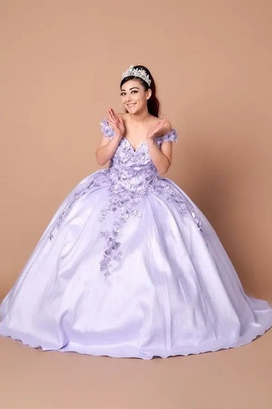Front-Facing of a woman wearing Lilac ball gown with off-shoulder neckline detailed 3D floral appliqués and voluminous skirt for a princess-inspired look