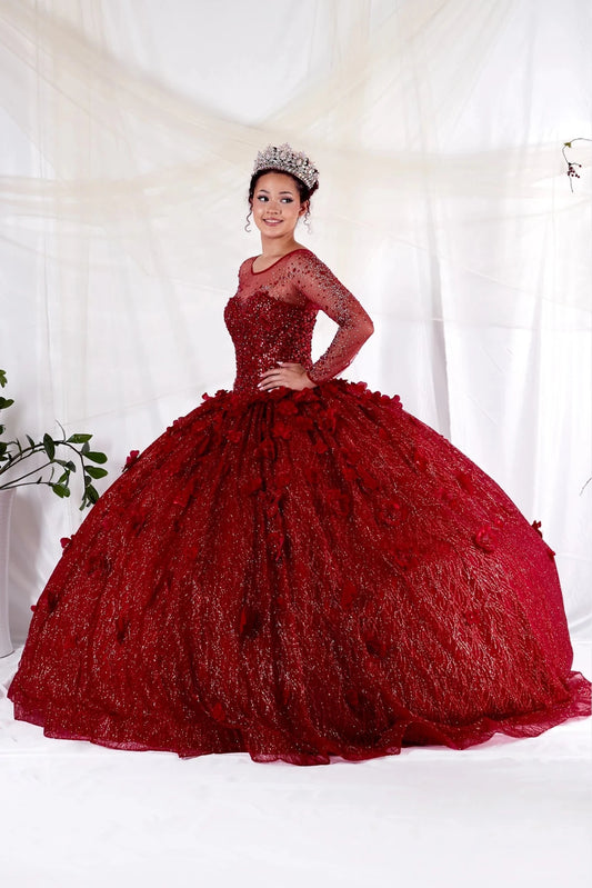 Burgundy quinceañera dress showcases sheer embellished long sleeves above textured lace ball gown skirt.