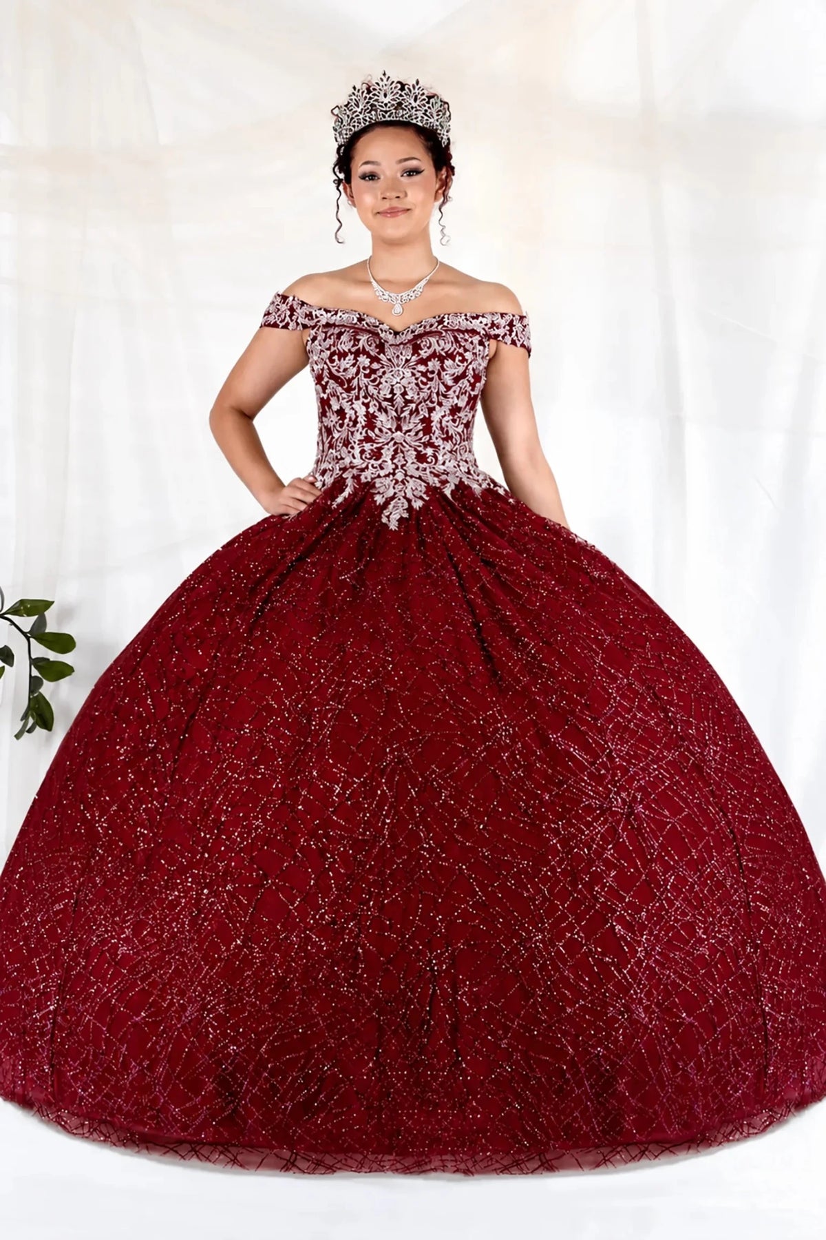 Burgundy quinceañera ball gown with glitter sequins, sparkling bodice and layered tulle skirt