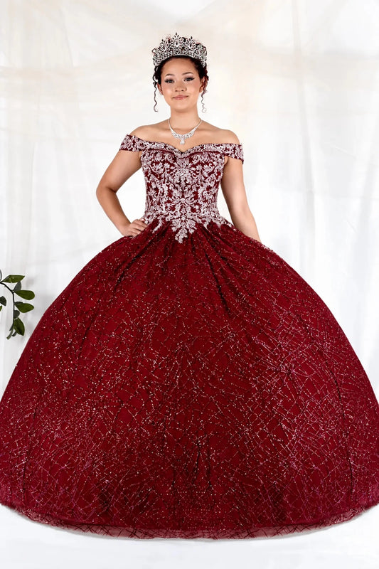 Bodice close-up highlights burgundy quinceañera ball gown with glitter sequins, sparkling bodice and layered tulle skirt.