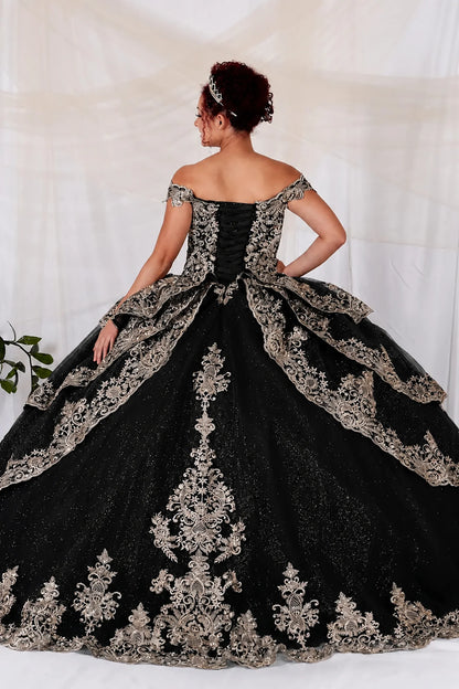 off-the-shoulder ball gown in black showing tulle skirt with elaborate floral lace appliques and a matching lace-trimmed overskirt