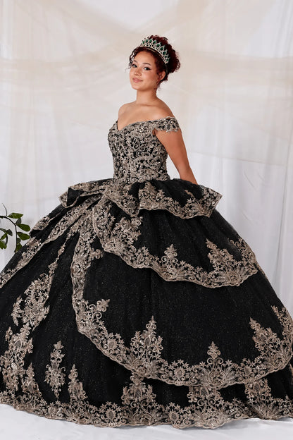 off-the-shoulder black quinceañera dress with extensive floral lace embroidery