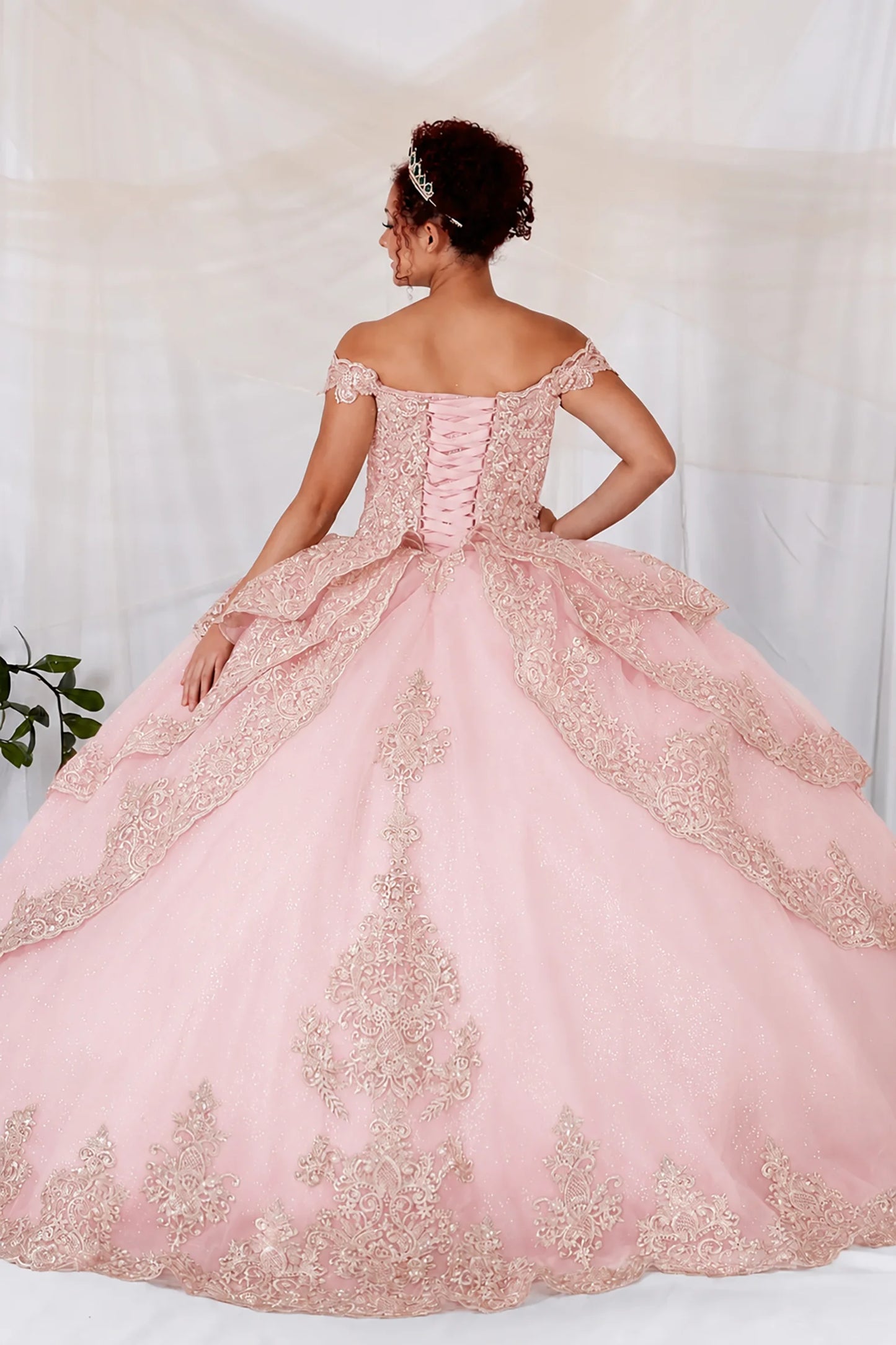 Blush Quinceañera Dress with Off Shoulder Sleeves, Gold Embroidery Details and Layered Skirt