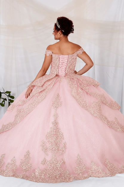 Blush Quinceañera Dress with Off Shoulder Sleeves, Gold Embroidery Details and Layered Skirt