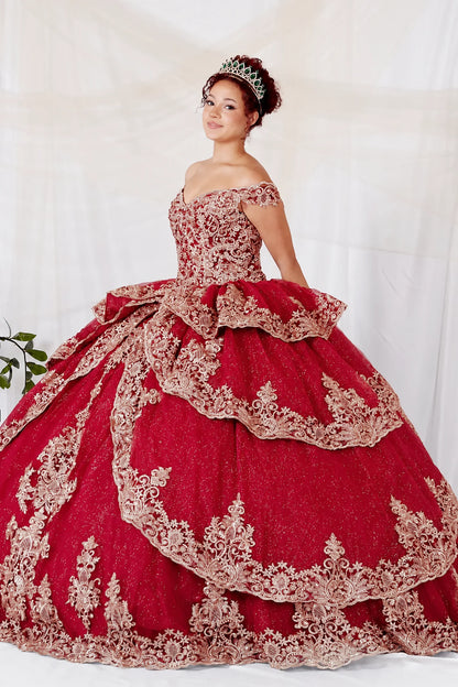 off-the-shoulder burgundy quinceañera dress with extensive gold lace embroidery and a large ruffled skirt