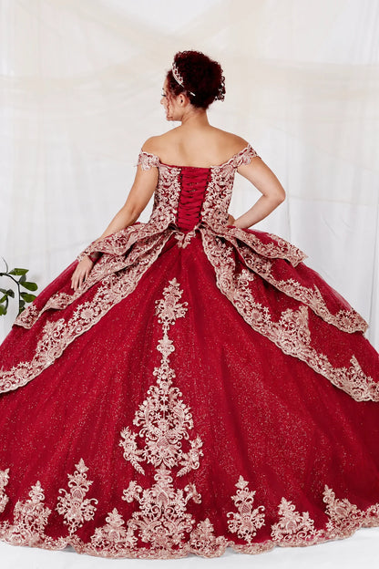 burgundy off-the-shoulder quince ball gown with intricate gold lace embroidery